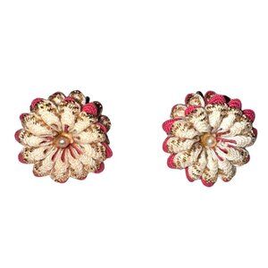 Vtg Ribbon Earrings Flower Design Pink Ivory Gold Tone Threading Screw Back Fash